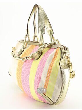 Loewe | Large Fiesta Two-Way Bag in Neon Anagram Canvas & Gold Metallic Leather